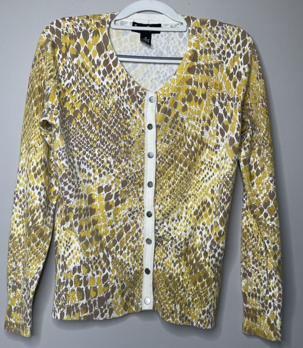 Mercer & Madison Cardigan Sweater Womens Medium Yellow Snakeskin Print Snap Fron